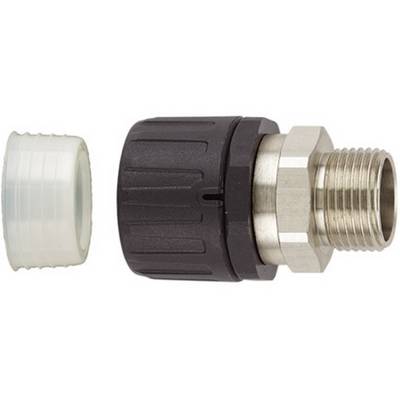 Metalowy adapter z czarną nakrętką z tworzywa sztucznego po prawej stronie białej nasadki. Adapter z gwintem zewnętrznym po prawej stronie.
