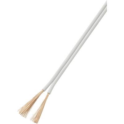 Dwużyłowy kabel miedziany z białą izolacją, na końcach odsłonięte, ukazujące miedziane przewody.