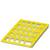 Żółta plastikowa paleta z otwartą kratownicą, o prostokątnym kształcie. Stosowana do magazynowania i transportu towarów.