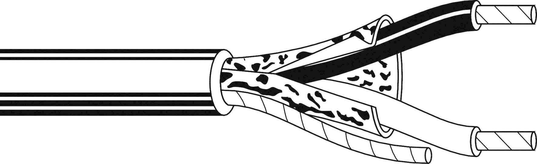 Ilustracja wielożyłowego przewodu elektrycznego ze zdjętą izolacją zewnętrzną, ukazująca izolowane żyły i wewnętrzną warstwę ochronną.