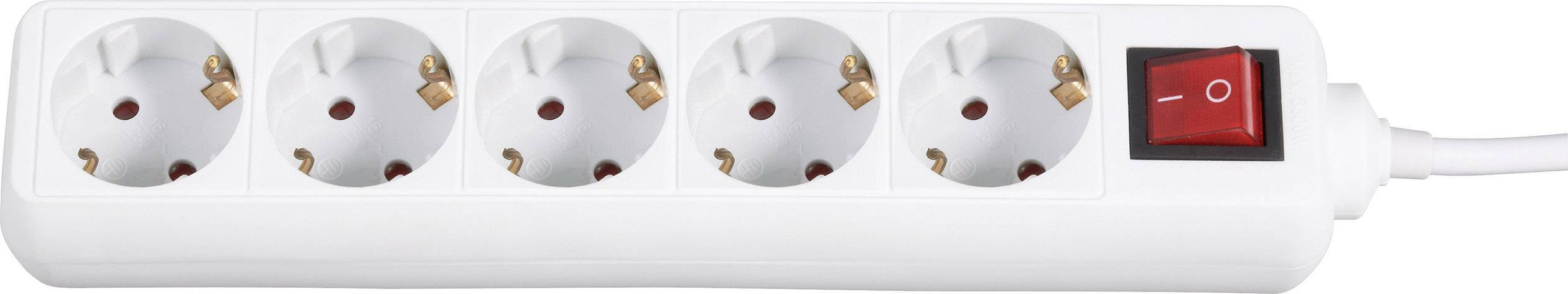 Listwa zasilająca z pięcioma gniazdami, wyposażona w czerwony przełącznik włączania/wyłączania po prawej stronie. Idealna do jednoczesnego podłączenia kilku urządzeń.