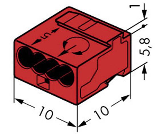 Czerwony elektryczny element łączący z trzema wejściami, o wymiarach 10x10x5,8 mm, odpowiedni do połączeń przewodowych.