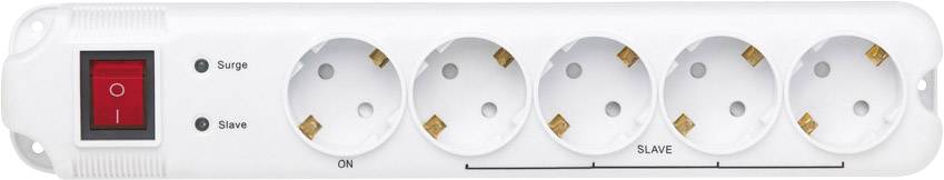 Biała listwa zasilająca z pięcioma gniazdami. Czerwony przełącznik po lewej stronie z napisem 'Surge'.