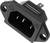 Czarny wtyk sieciowy IEC z trzema metalowymi stykami i dwoma otworami montażowymi w obudowie z tworzywa sztucznego, powszechnie stosowany w zasilaniu elektrycznym.