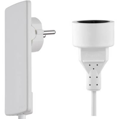 Dwa białe adaptery, jeden z wtyczką Schuko, drugi z podłączeniem przewodu. Oba przeznaczone do urządzeń elektrycznych używanych wewnątrz pomieszczeń.