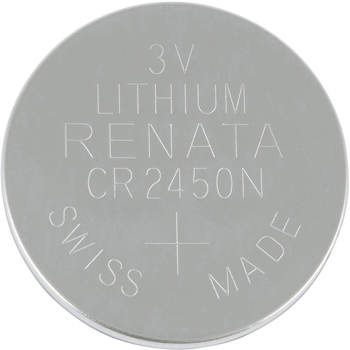 Okrągła srebrzysta bateria guzikowa z grawerunkiem: '3V Lithium RENATA CR2450N SWISS MADE'.
