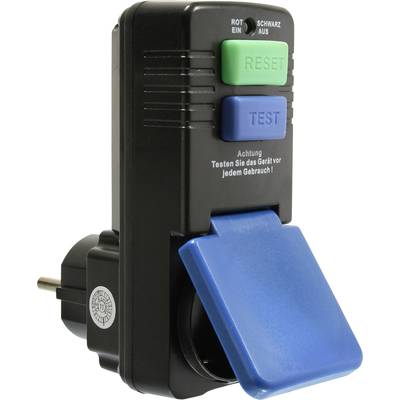 Adapter prądowy z zielonym przyciskiem 'Reset' i niebieskim przyciskiem 'Test', ostrzeżenie 'Przed każdym użyciem sprawdź urządzenie!', osłona ochronna otwarta.