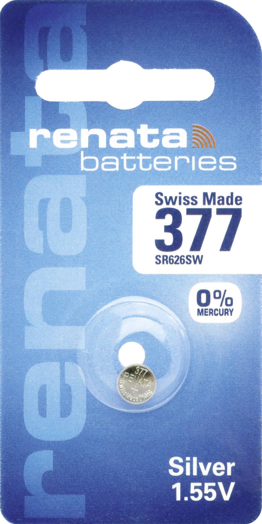 Blister z srebrną baterią do zegarka Renata, numer modelu 377 SR626SW, 1,55V, 0% rtęci, wyprodukowana w Szwajcarii.