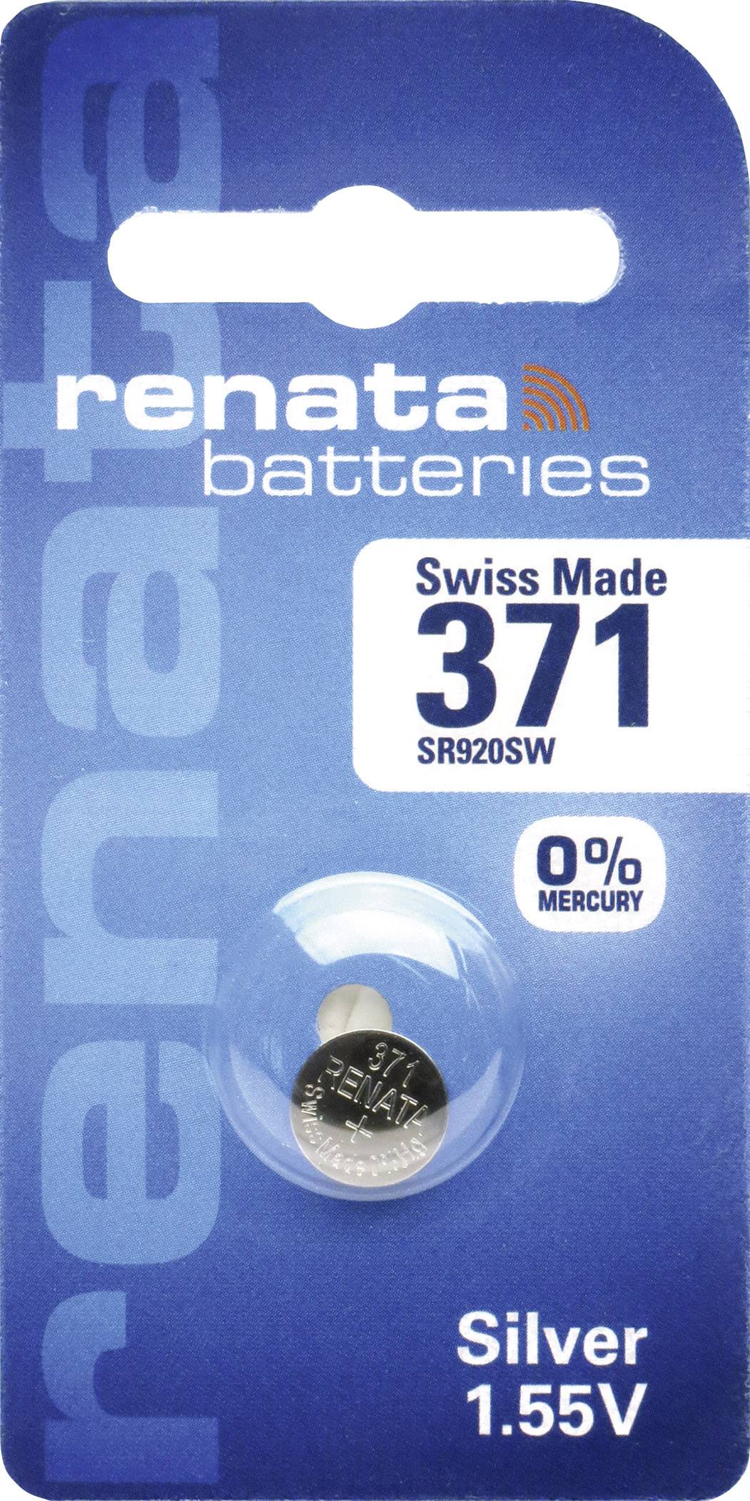 Bateria guzikowa Renata, typ 371, na niebieskim opakowaniu. Napis: 'Swiss Made, 0% Mercury, Silver 1.55V'.