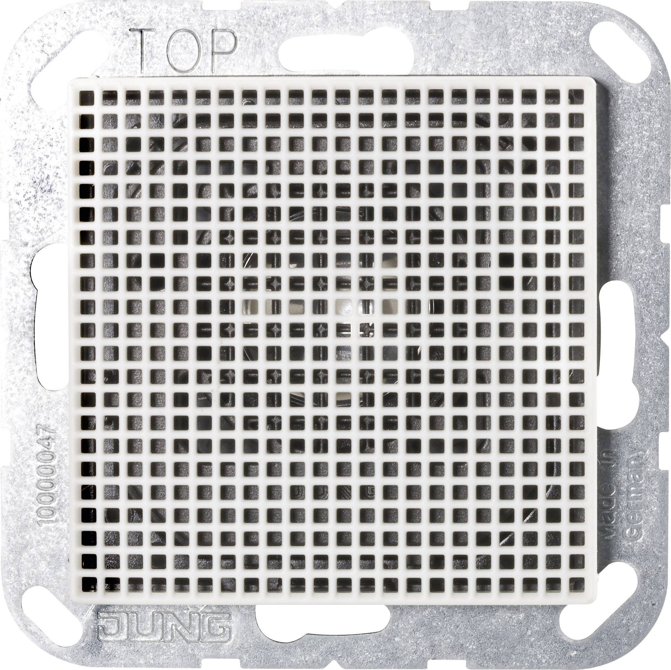 Biała pokrywa puszki elektrycznej z kwadratowym wzorem kratowym na metalowej płycie. Na górze wygrawerowano napis 'TOP'.