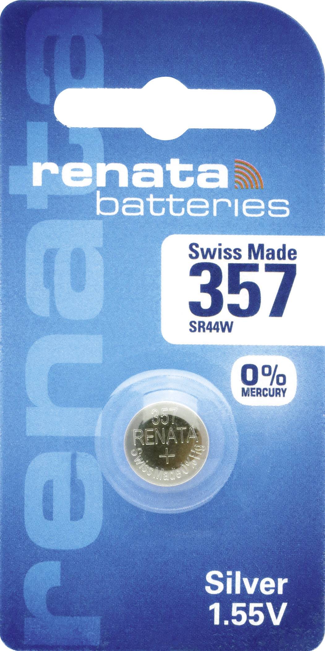 Blister opakowanie srebrnej baterii guzikowej SR44W marki Renata, 1,55V, 0% rtęci, wyprodukowanej w Szwajcarii. Główne zastosowanie: zegarki.