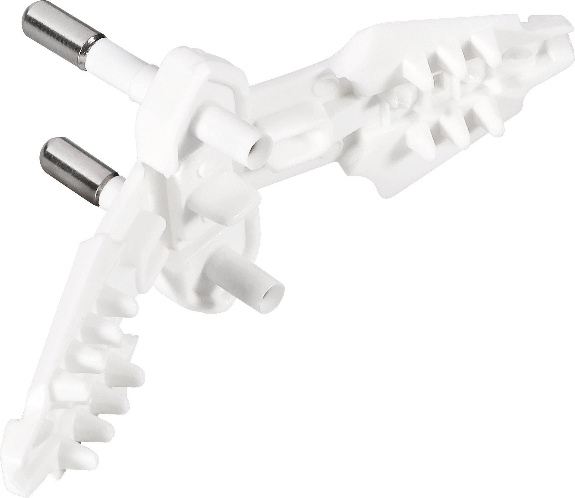 Biała plastikowa rozgałęzienie z wieloma złączami wtyczkowymi i elementami zębatymi, odpowiednia do montażu mebli.