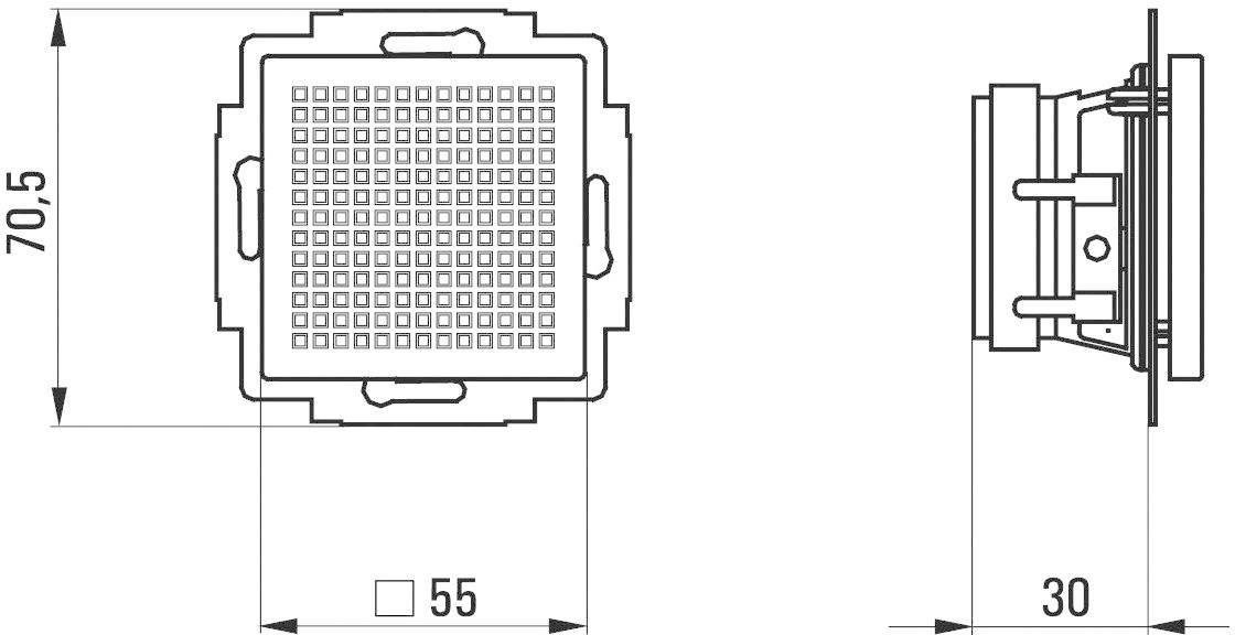 Rysunek techniczny głośnika kwadratowego z wymiarami: 70,5 mm wysokości, 55 mm szerokości, 30 mm głębokości; przedstawiający widok z boku.