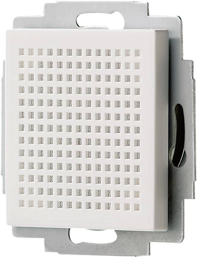 Biała kratka wentylacyjna, prostokątna, z wzorem kratowym, zamontowana na metalowej płycie nośnej.