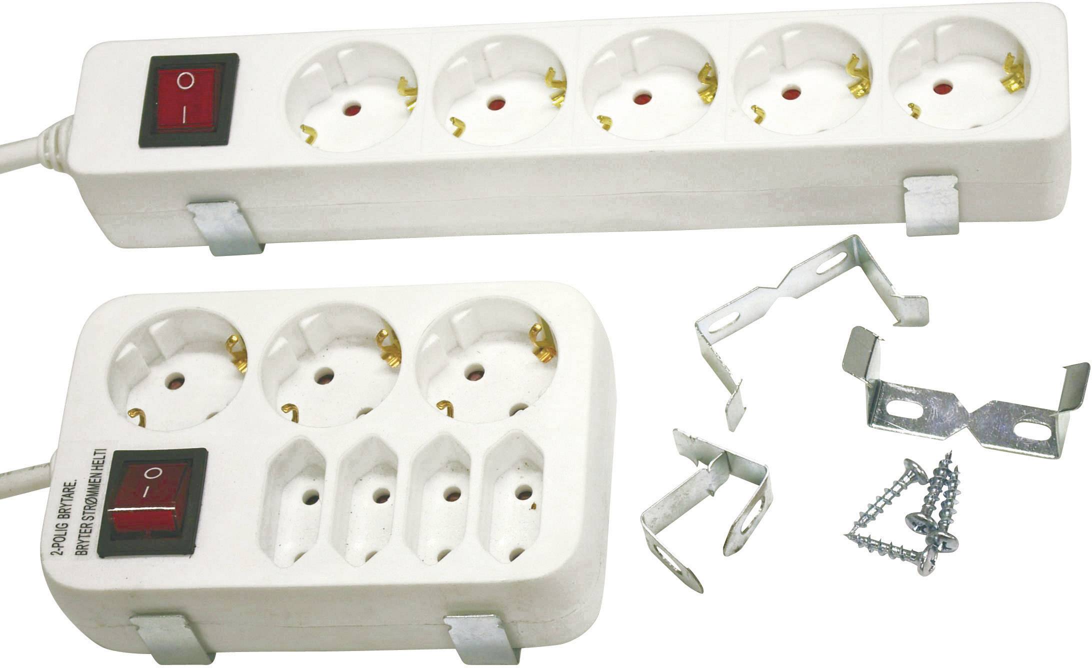 Dwie białe listwy zasilające z pięcioma gniazdkami i czerwonymi przełącznikami włączania i wyłączania, wraz z materiałami montażowymi.