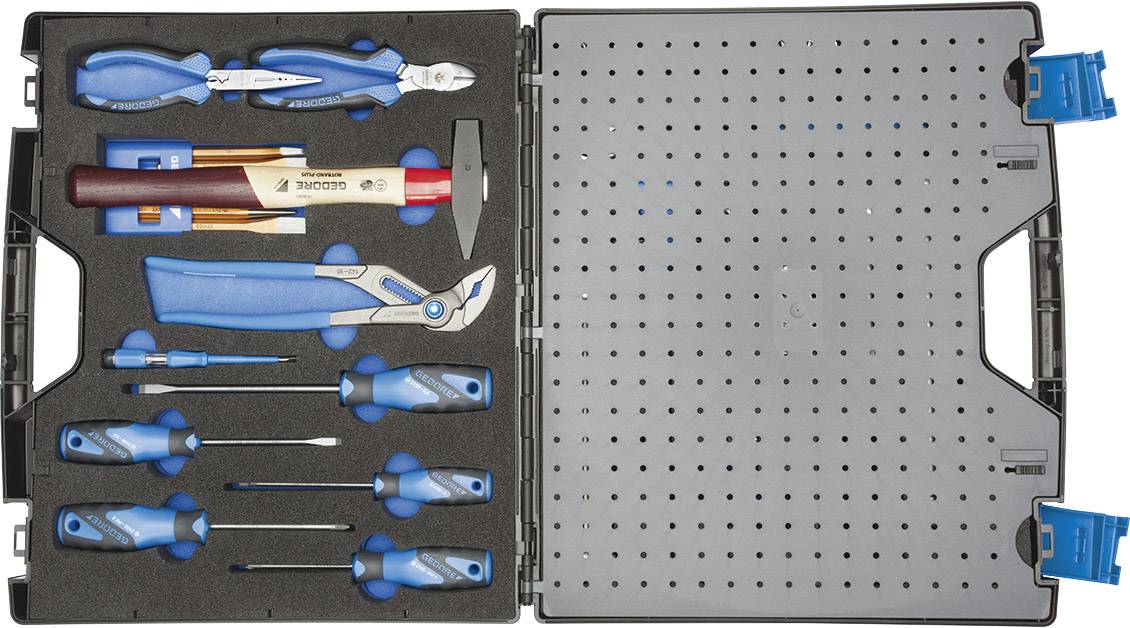 Zestaw narzędzi ze śrubokrętami, szczypcami, młotkiem i pilnikiem; wszystkie narzędzia ułożone są w wewnętrznej wyściółce piankowej.