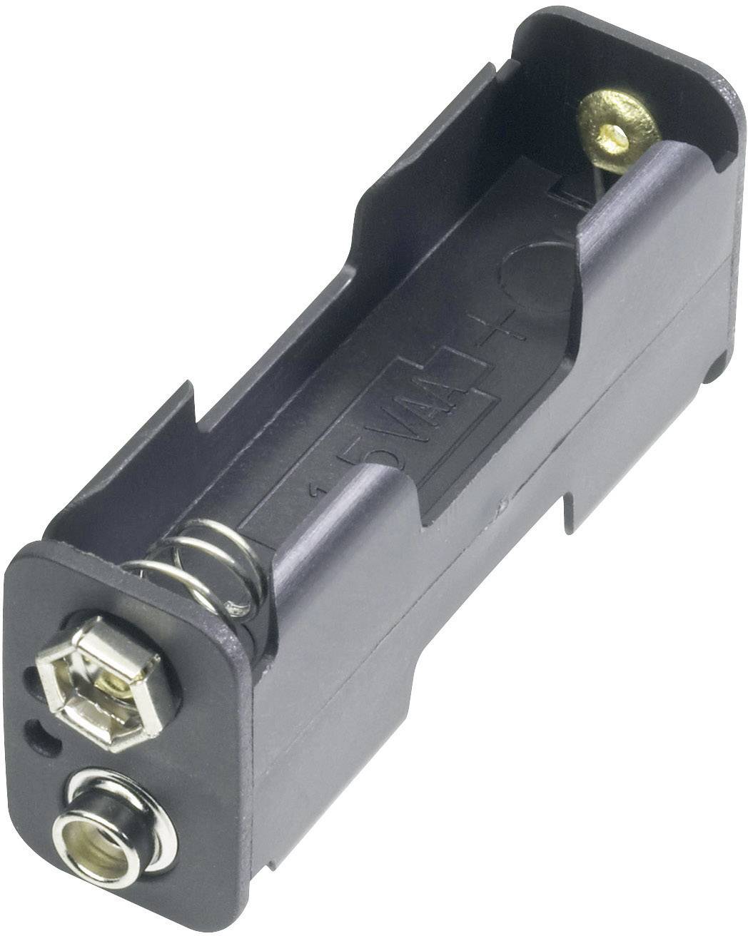 Czarny uchwyt na baterię AA z metalowymi sprężynami i stykami, do montażu bocznego.