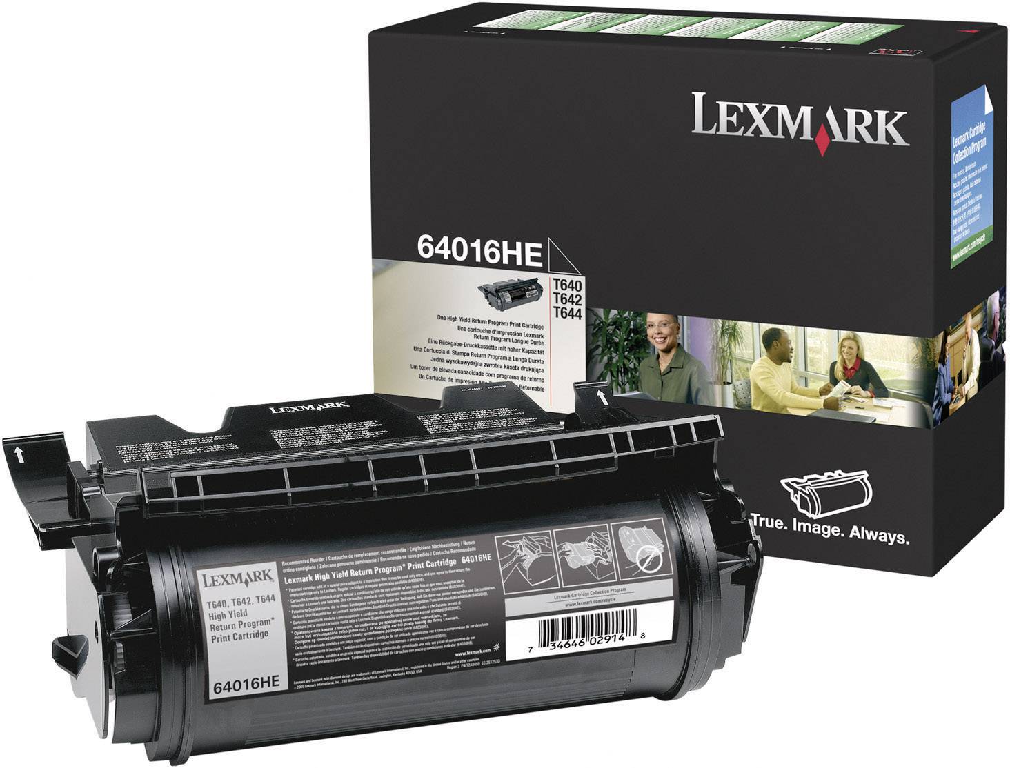 Kaseta drukująca Lexmark, model 64016HE, w opakowaniu. Kompatybilna z drukarkami T640, T642, T644.