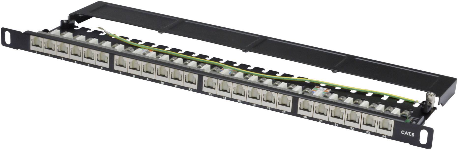 Patch panel z 24 portami do okablowania sieciowego. Oznaczony napisem 'CAT6'. Z przodu gniazda przyłączeniowe, z tyłu zaciski przyłączeniowe.