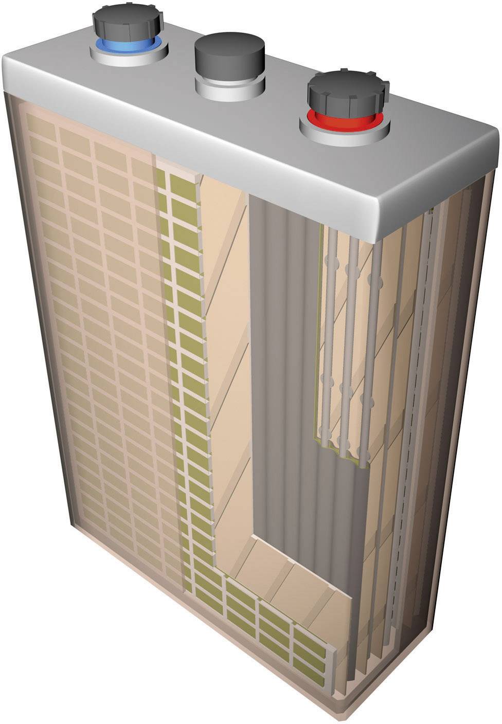 Przekrój przemysłowej baterii z płytami elektrodnymi dodatnimi i ujemnymi, separatorami oraz trzema zaciskami u góry.