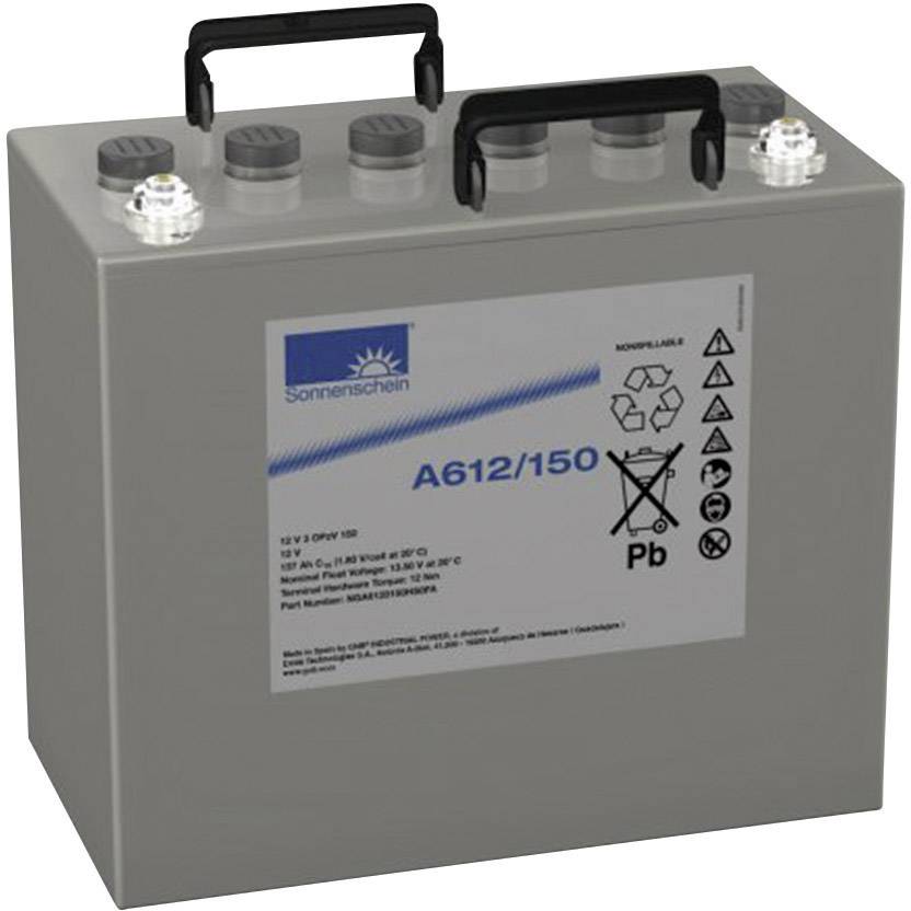 Szara bateria z napisem 'Sonnenschein A612/150'. Posiada sześć okrągłych zacisków na górze i różne symbole ostrzegawcze.