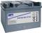 Szara bateria samochodowa z niebieskim napisem 'A412/50 F10', logo Sonnenstein. Symbole ostrzegawcze i szczegóły techniczne na etykiecie.