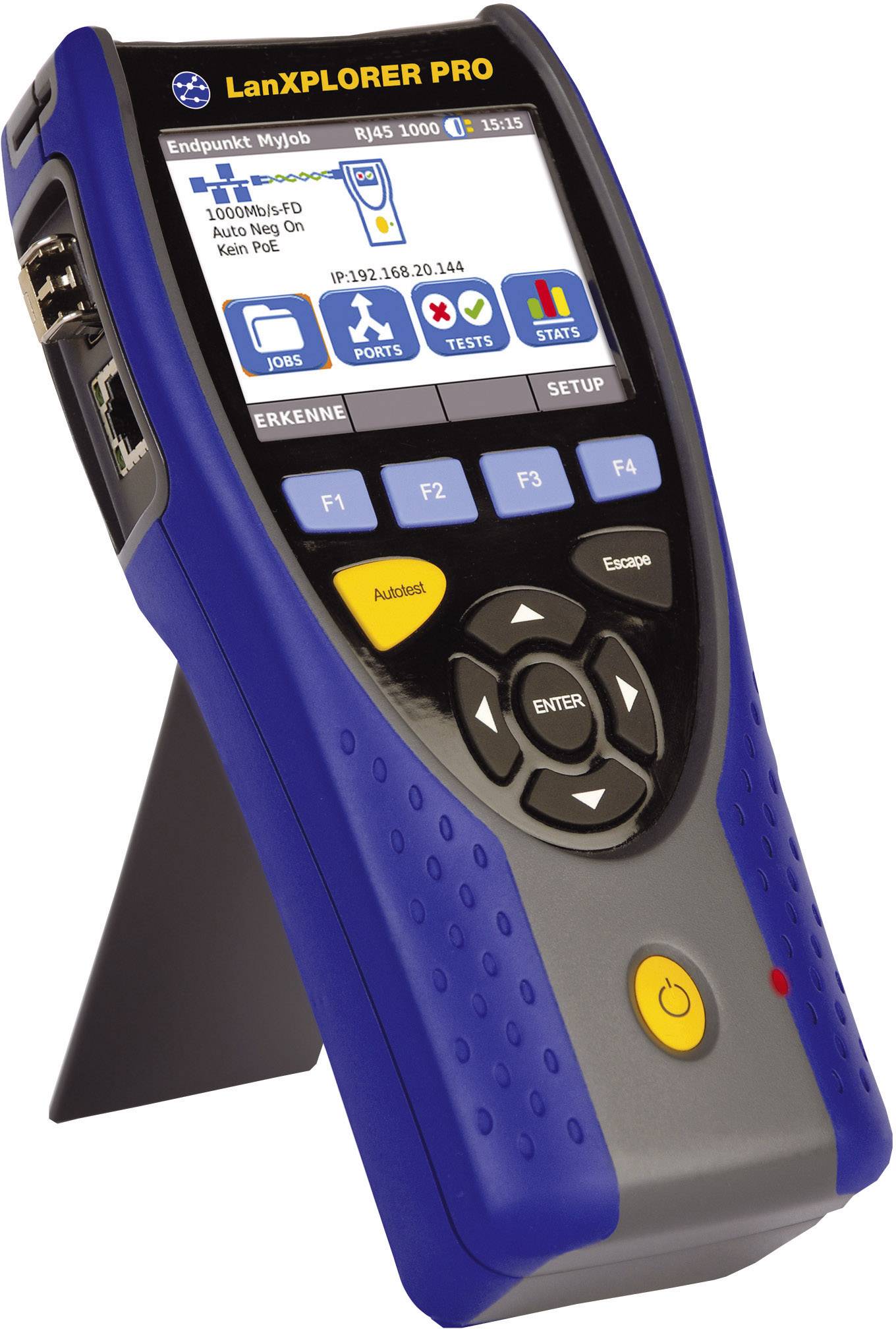 Poręczne urządzenie testujące sieć z wyświetlaczem, przyciskami i portami, używane do sprawdzania połączeń sieciowych.