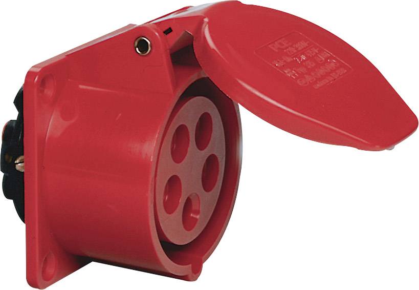 Przemysłowe gniazdo CEE z klapką, widoczne pięć okrągłych styków, pokrywa częściowo otwarta.