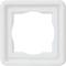 Biały kwadratowy ramka z tworzywa sztucznego z delikatnym rantem, odpowiednia do obramowania przełączników lub gniazdek elektrycznych we wnętrzach.