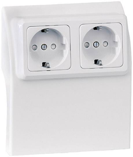 Podwójne gniazdo elektryczne z białego tworzywa sztucznego, zamontowane na ścianie. Idealne do jednoczesnego podłączenia dwóch urządzeń elektrycznych.