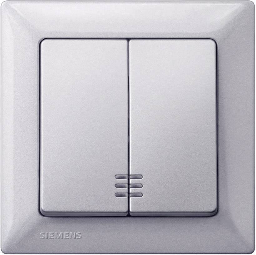 Szary podwójny przełącznik świetlny z nadrukiem 'Siemens'. Przełączniki są ułożone obok siebie i oznaczone trzema liniami.