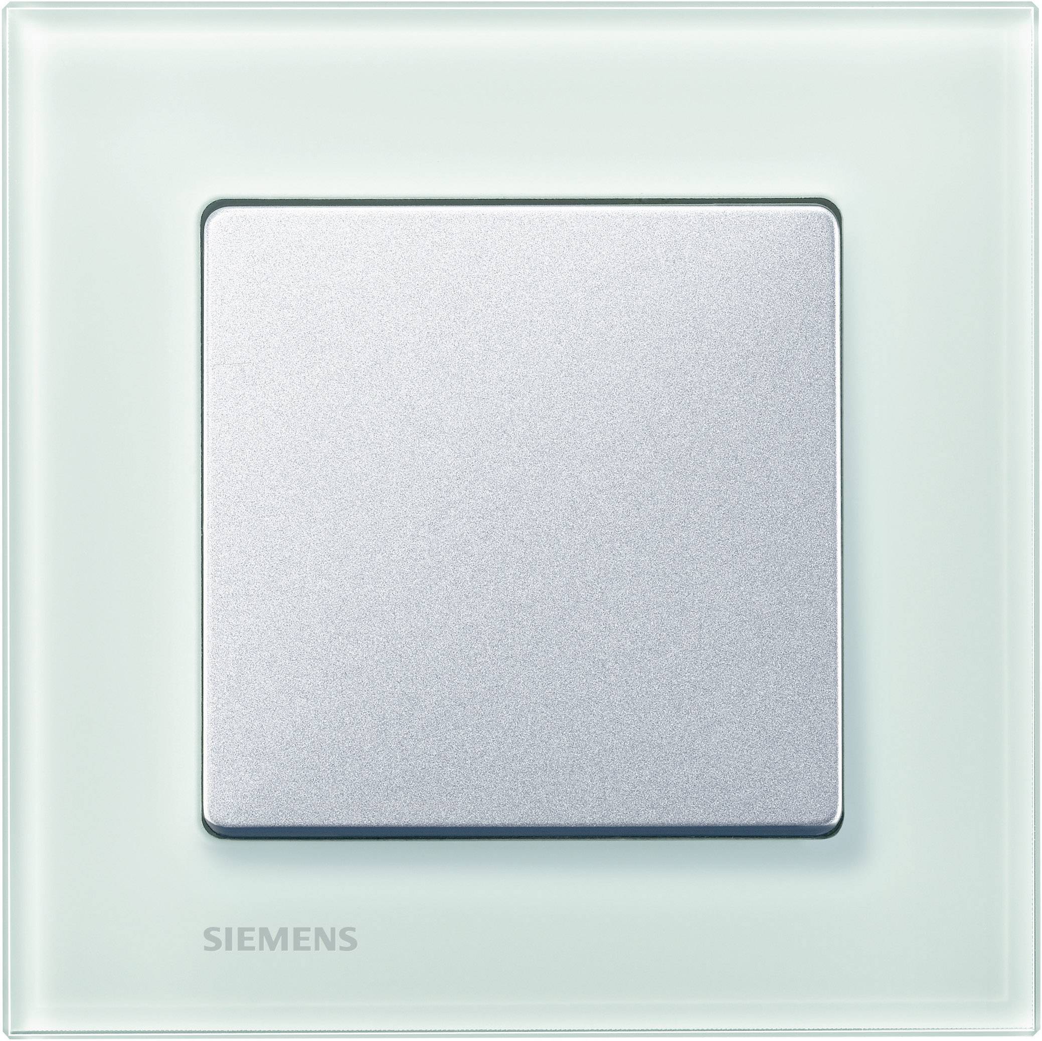Włącznik światła Siemens w nowoczesnym designie, kwadratowy z srebrną powierzchnią i przezroczystą ramką.
