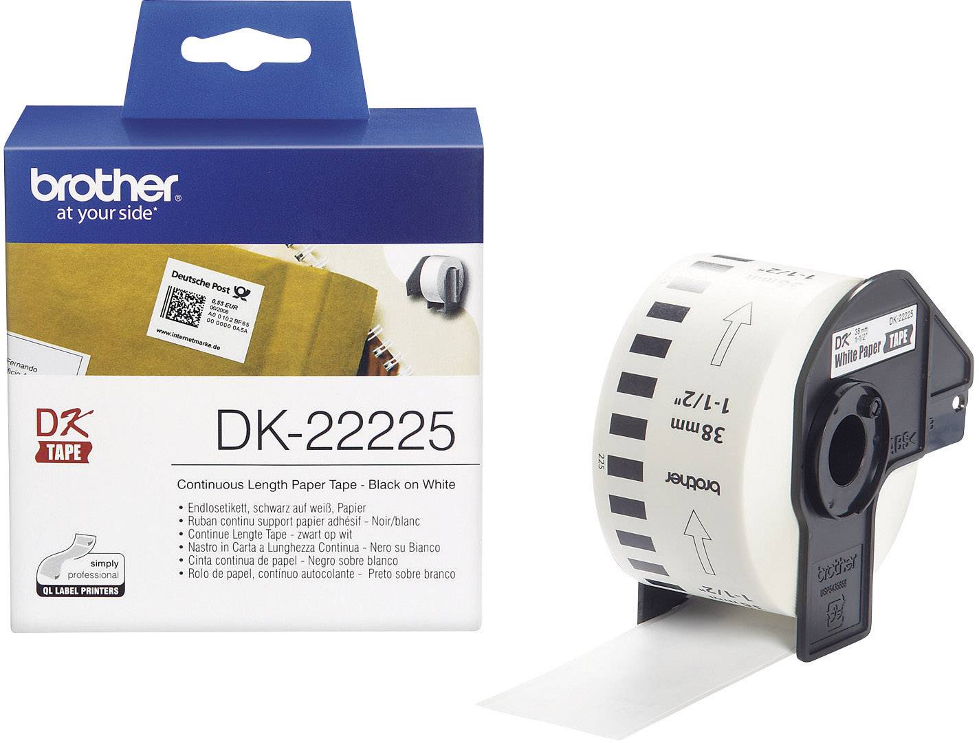 Етикетки для принтерів етикеток Brother DK22225, 38 мм х 30,48 м, Універсальна етикетка, білі