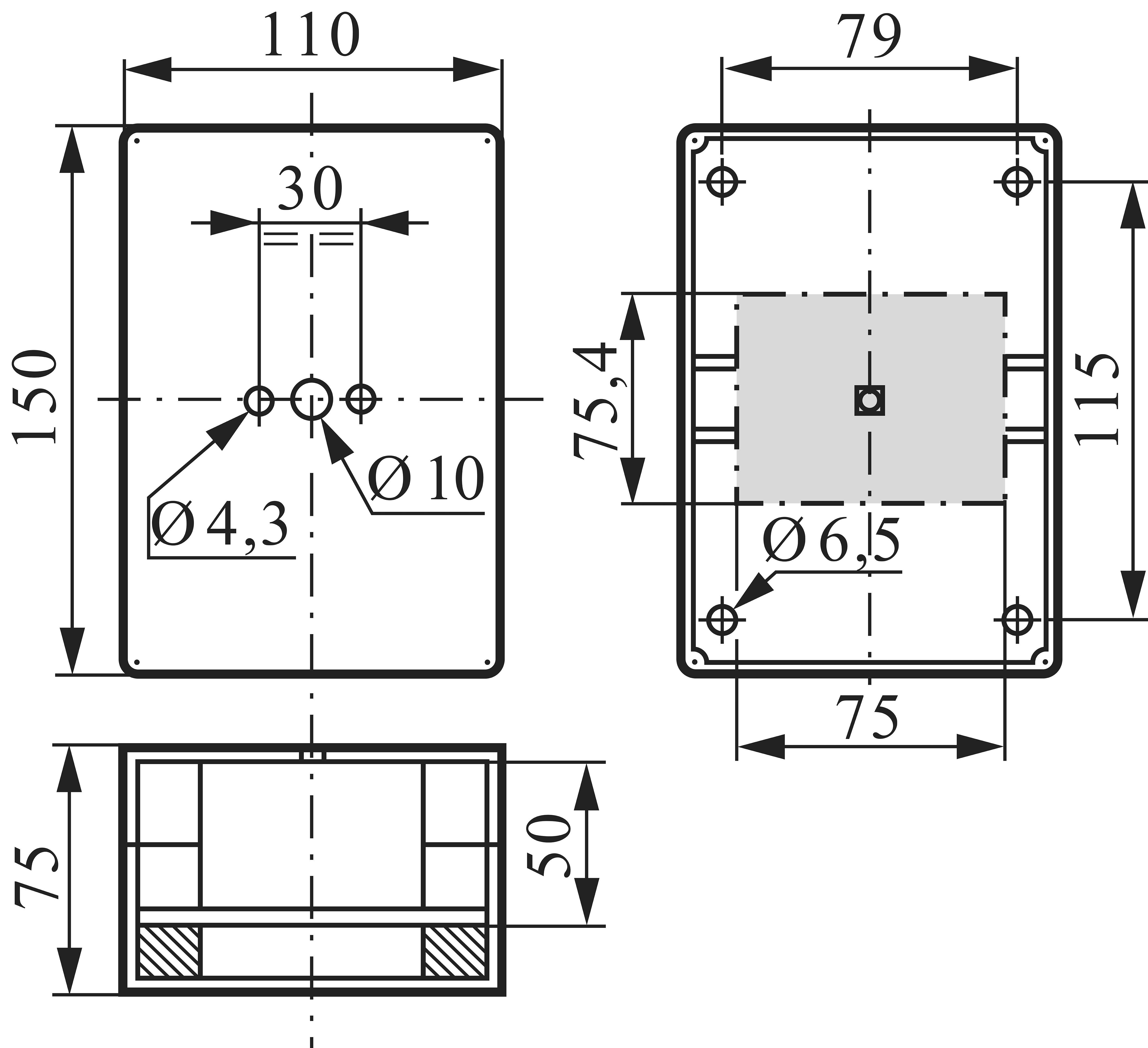 Rysunek techniczny wspornika prostokątnego o wymiarach: 110x150 mm oraz 79x115 mm. Wraz z oznaczeniami otworów i odległości.