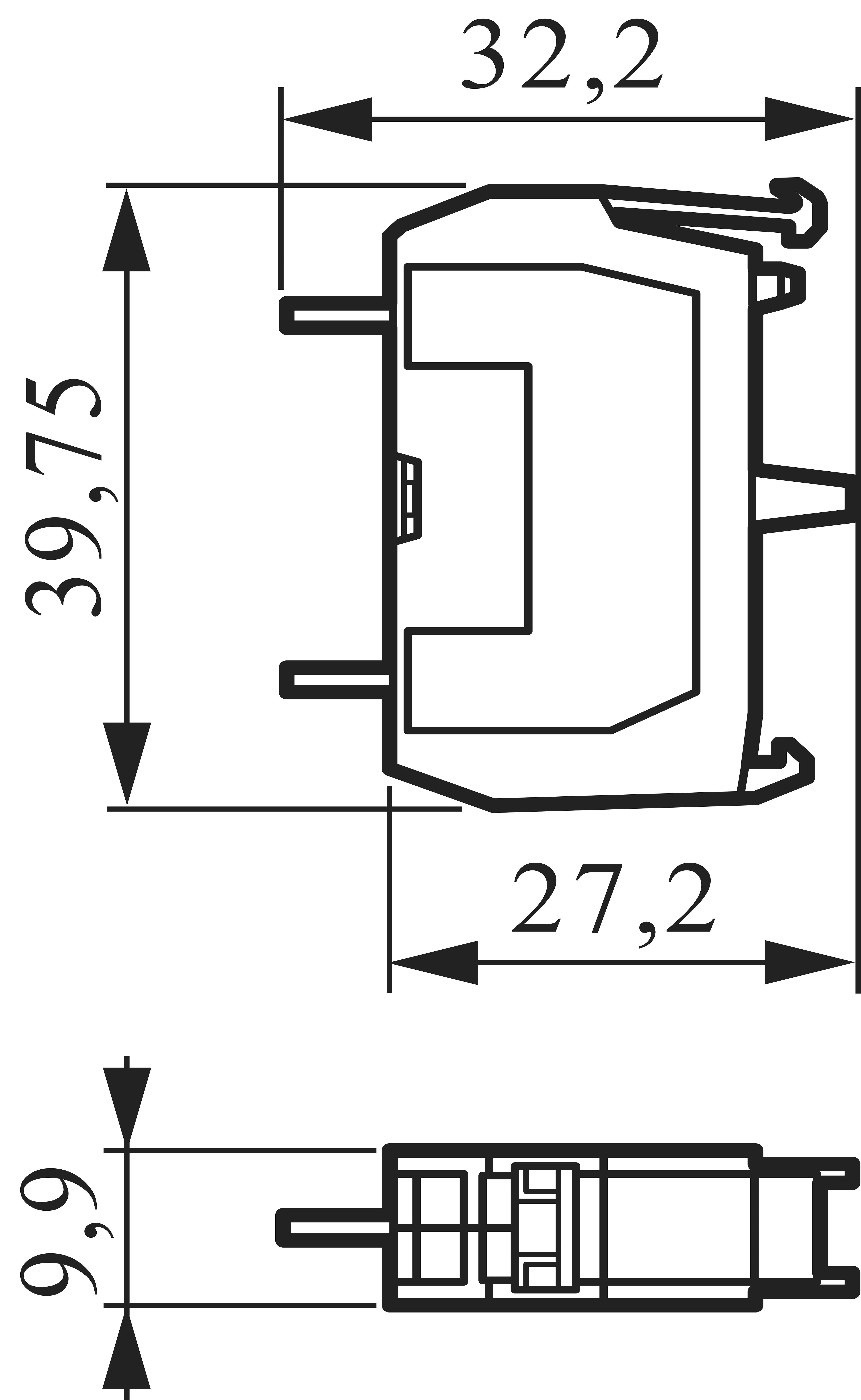 Rysunek techniczny elementu elektronicznego o wymiarach: 39,75 mm wysokości, 32,2 mm szerokości, 27,2 mm długości, 9,9 mm grubości.