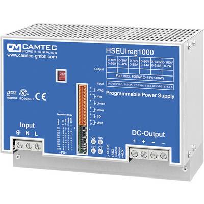 Urządzenie elektroniczne z niebieskim panelem sterowania, z napisem 'CAMTEC', model 'HSEUIreg1000', wyświetlacz wskazujący wejście, wyjście, różne złącza.