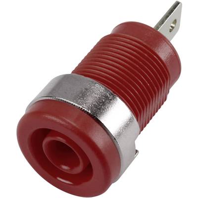 Czerwony wtyk bananowy z obudową metalową, typowo stosowany w obwodach elektronicznych do bezpiecznych połączeń elektrycznych.