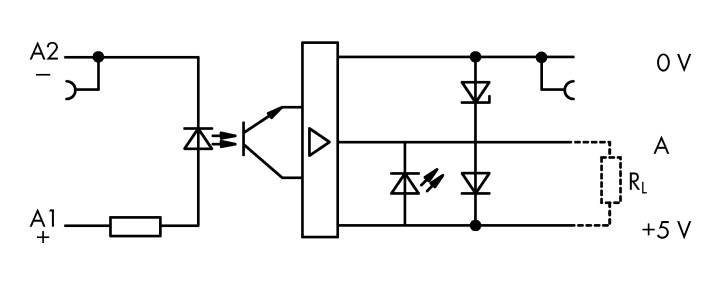 Schemat elektryczny obwodu z optoizolatorowym sprzężeniem, który łączy wejście A1/A2 z diodą i tranzystorem do sterowania obciążeniem RL.