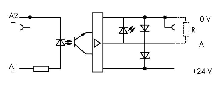 Schemat podłączenia optosprzęgnika: Wejście A1, A2 łączy się z diodą LED. Wyjście prowadzi prąd przez diodę, tranzystor do obciążenia (R_L).