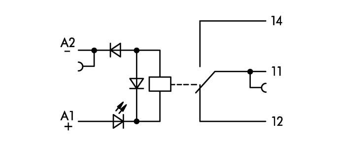 Schemat elektryczny przekaźnika z dwiema diodami i diodą LED. Zaciski oznaczone: A1, A2, 11, 12, 14. Przedstawia kierunek przepływu prądu.
