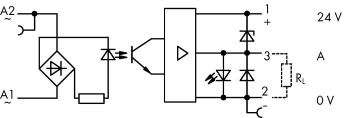 Elektroniczny układ scalony z prostownikiem, wzmacniaczem operacyjnym i diodami przedstawia zasilanie o napięciu 24V.