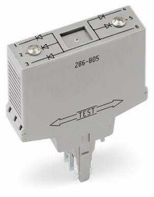 Element elektryczny z oznaczeniem 'TEST'. Posiada kilka zacisków przyłączeniowych i wygląda jak moduł wtykowy, prawdopodobnie przeznaczony do zastosowań przemysłowych.