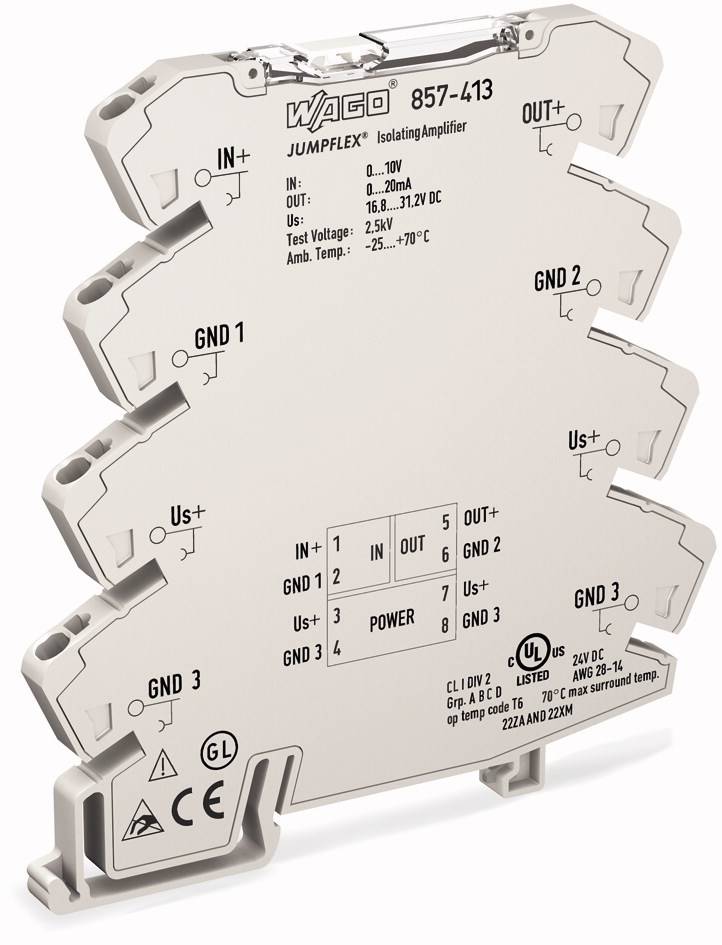 Obraz rozdzielacza WAGO JUMPFLEX z specyfikacjami i oznaczeniami przyłączy, stosowany w automatyce przemysłowej.
