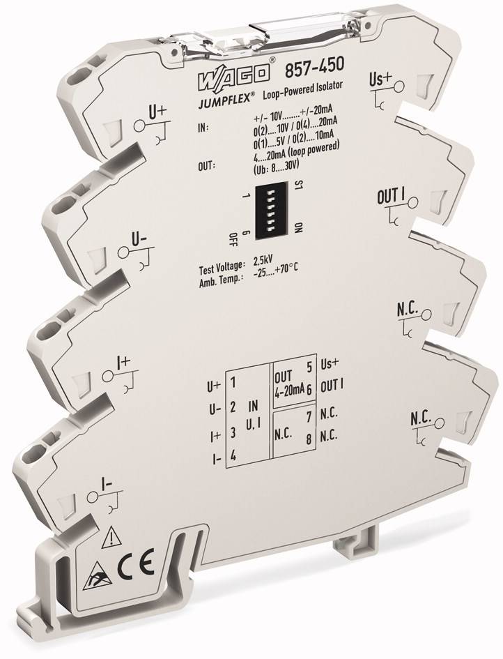 Srebrny elektroniczny element składowy z napisem 'WAGO 857-450'; prezentujący różne wejścia i wyjścia oraz specyfikacje techniczne.