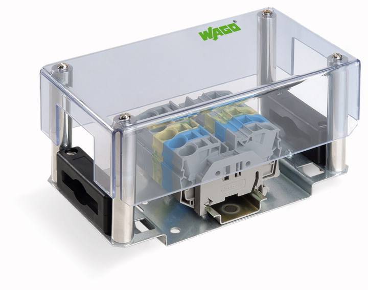 Puszka rozdzielcza WAGO z przezroczystą obudową oraz niebieskimi i żółtymi zaciskami przyłączeniowymi. Odpowiednia do połączeń elektrycznych.