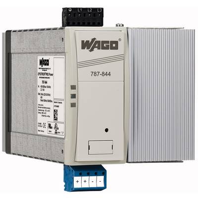 Moduł zasilania marki WAGO, model 787-844, szary z oznakowaniem, złącza górne i dolne, widok produktu.