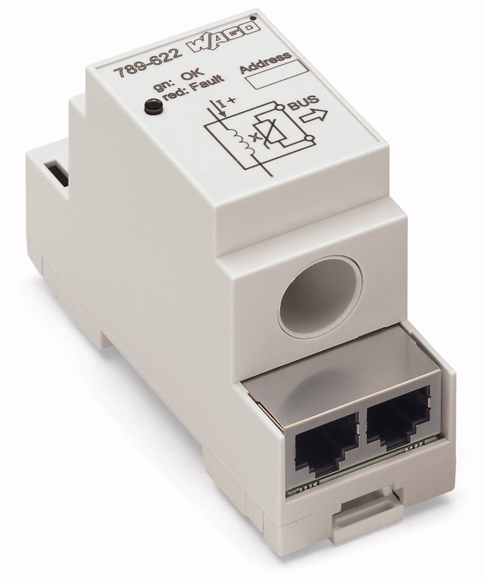Białe urządzenie elektroniczne z dwoma złączami sieciowymi, na którym wydrukowane są informacje takie jak 'sn: OK' oraz 'ref: Fault'.