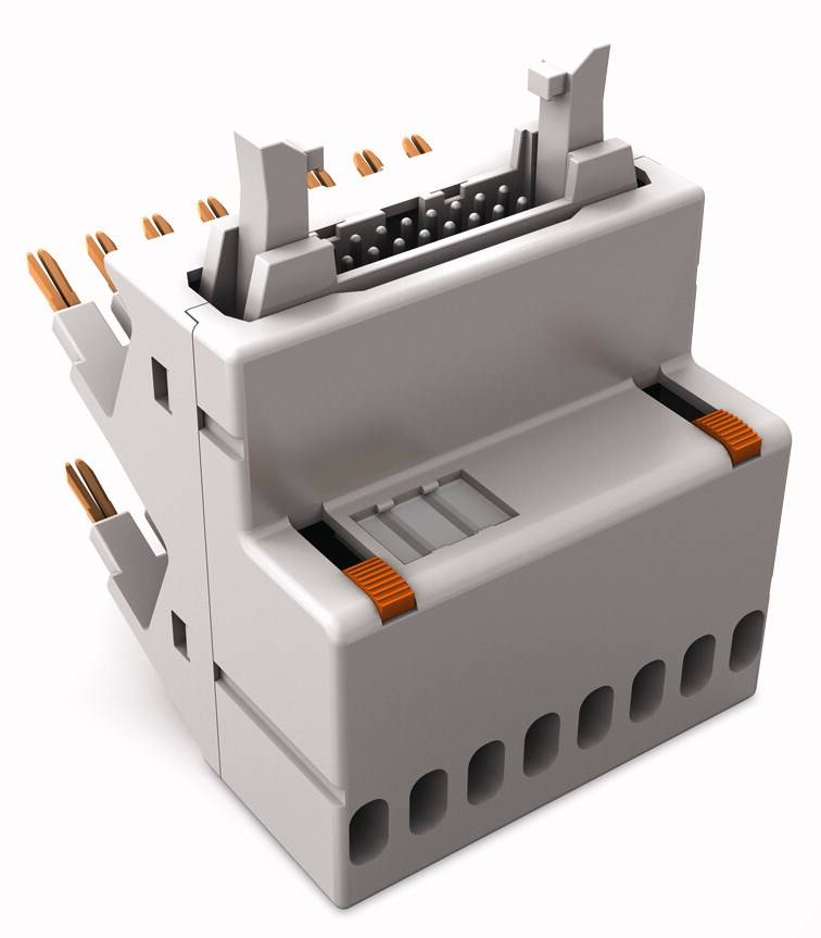 Biały elektryczny złącz z metalowymi stykami i pomarańczowymi elementami, stosowany w instalacjach technicznych.