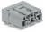 Szary, czteropinowy złącz prostokątny z gniazdami, przeznaczony do połączeń elektronicznych. Widok z przodu.