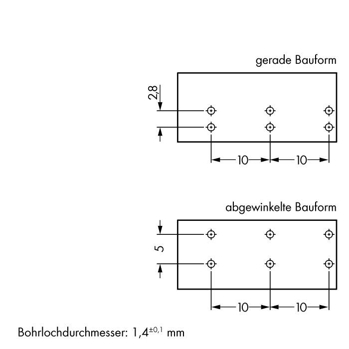 Diagram przedstawia dwie formy wykonania: górna prosta z otworami w odstępach co 10 mm, dolna pod kątem z takimi samymi odstępami. Średnica otworów: 1,4 ±0,1 mm.
